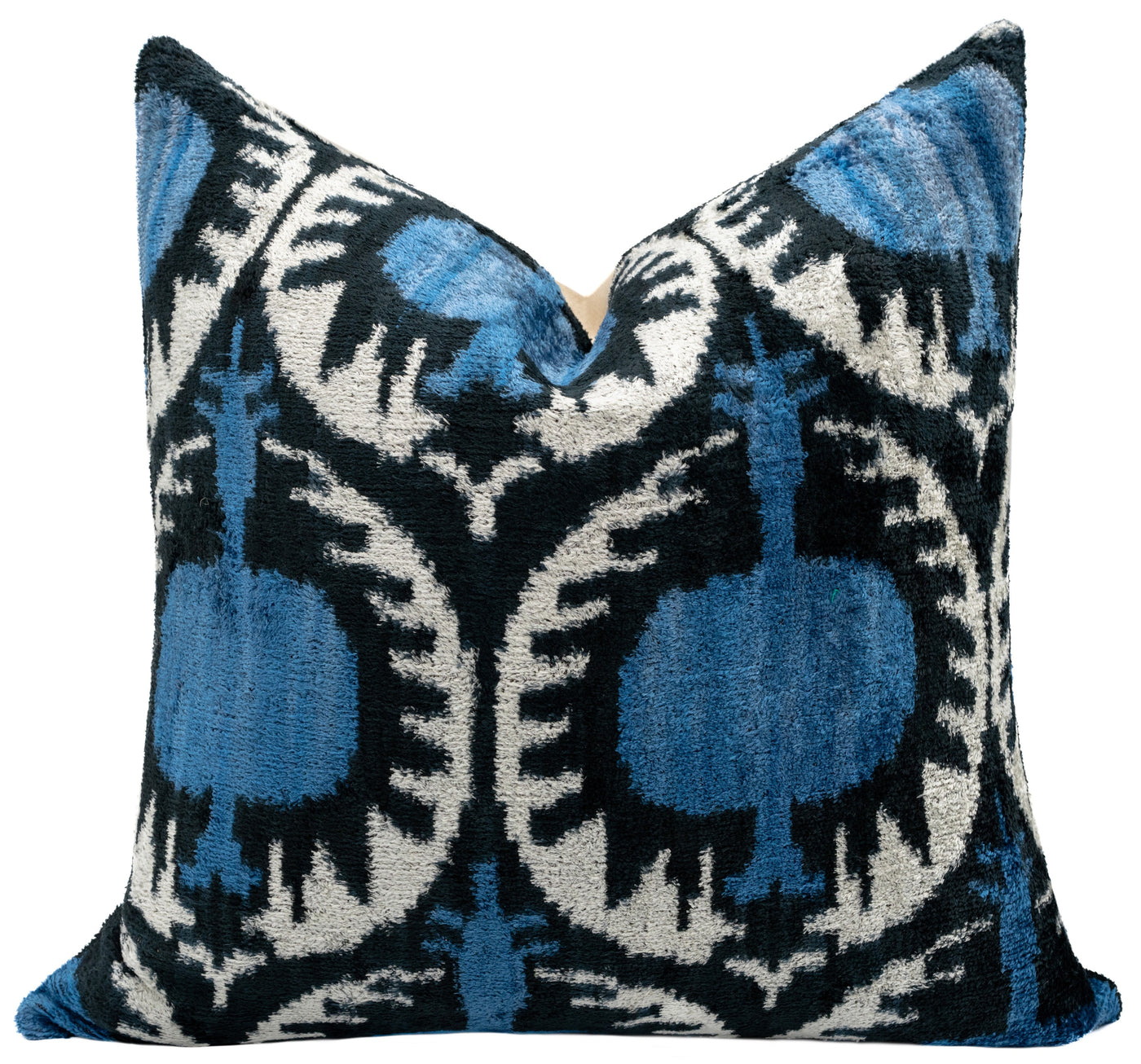 Blue Black Silk Velvet Ikat Pillow – 20x20 Handmade Luxury Throw Cushion