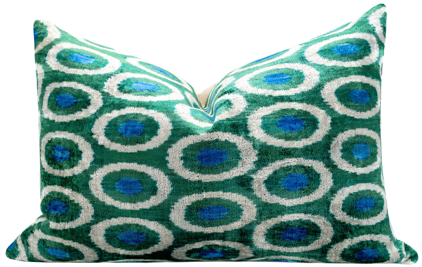 Handmade Green and Blue Circle Design Throw Pillow - 16x24 inch, Silk Velvet, Vegetable Dyed with Premium Down Feather Insert