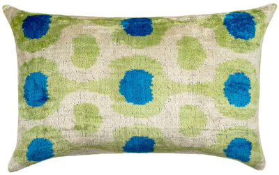 Vibrant 16x24 Handmade Ikat Silk Velvet Pillow with Premium Down Feather Insert by Canvello – Lively Green and Blue Hues