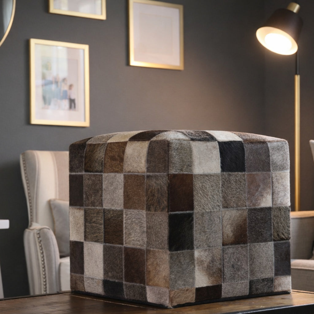 Handmade Brown Patchwork Cowhide Leather Ottoman Pouf 18x18 Warm