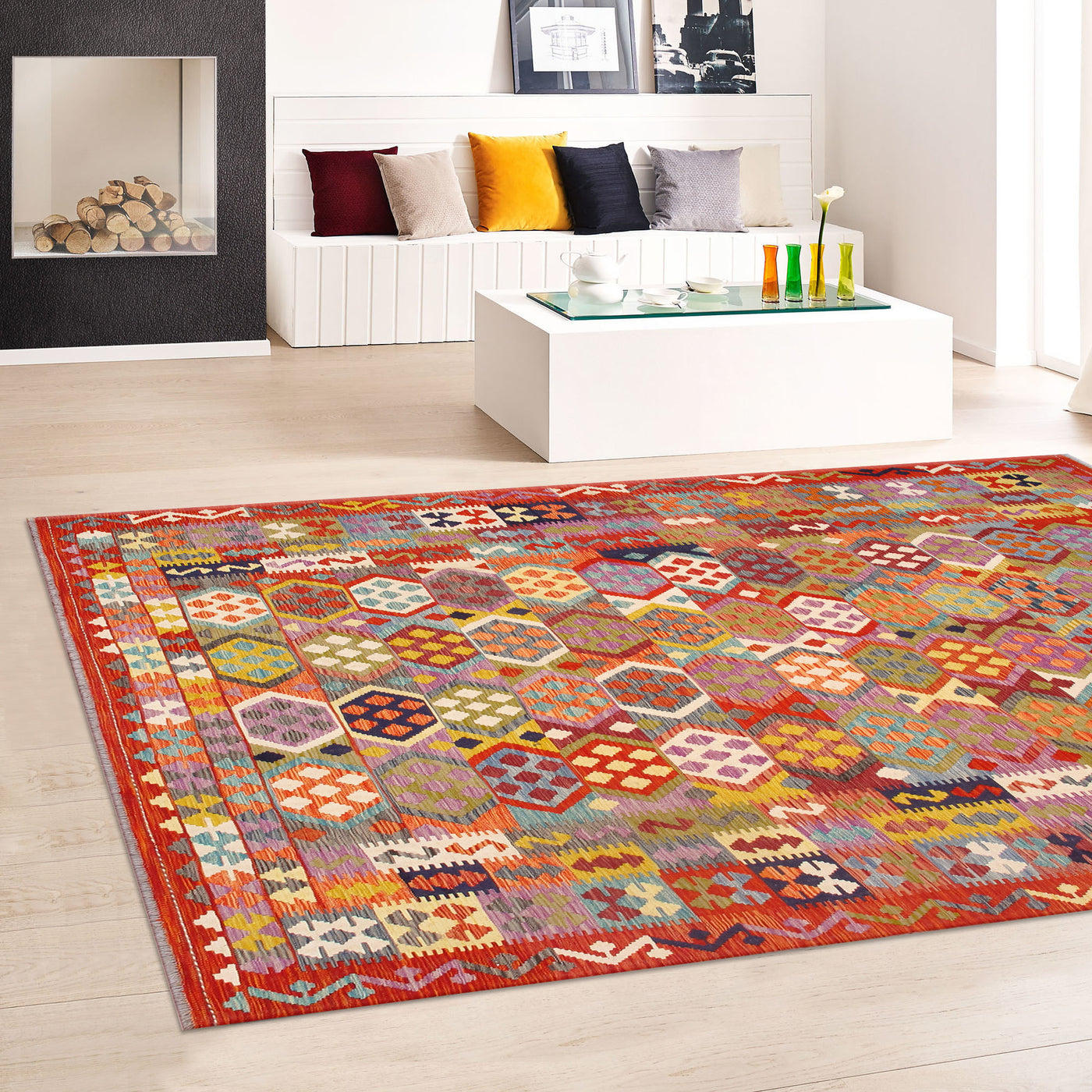Canvello Kilim Collection Reversible Wool Multicolor Area Rug- 8'4'' X 11'3''