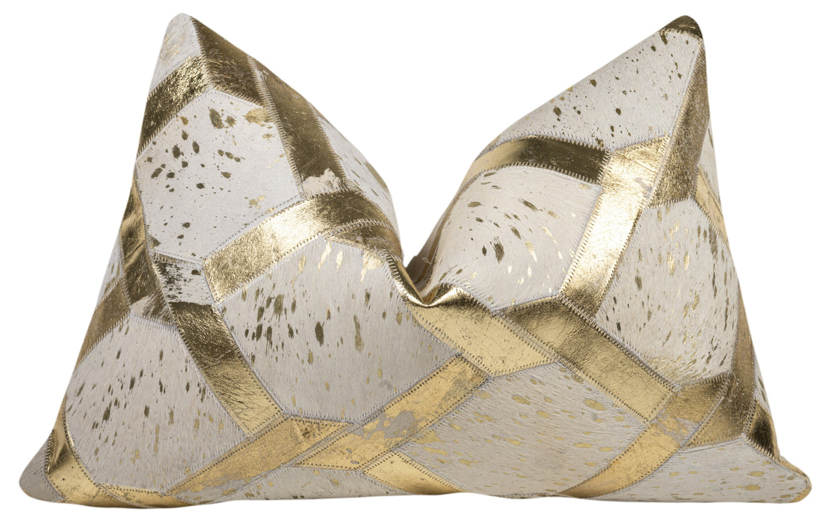 Luxury White & Gold Cowhide Leather Throw Pillow 16x24 | Handmade Geometric Designer Lumbar Cushion