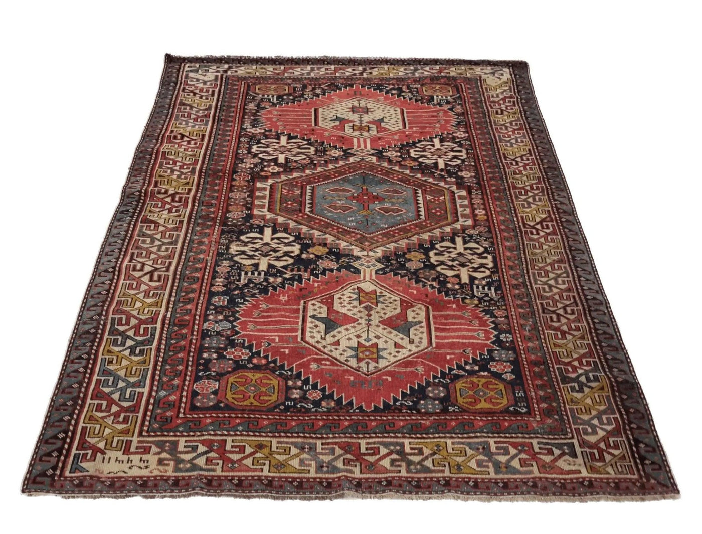 Canvello 1920 Antique Hand Made Casual Medallion Kazakhstan Rug - 4'3'' X 5'10'' - Canvello