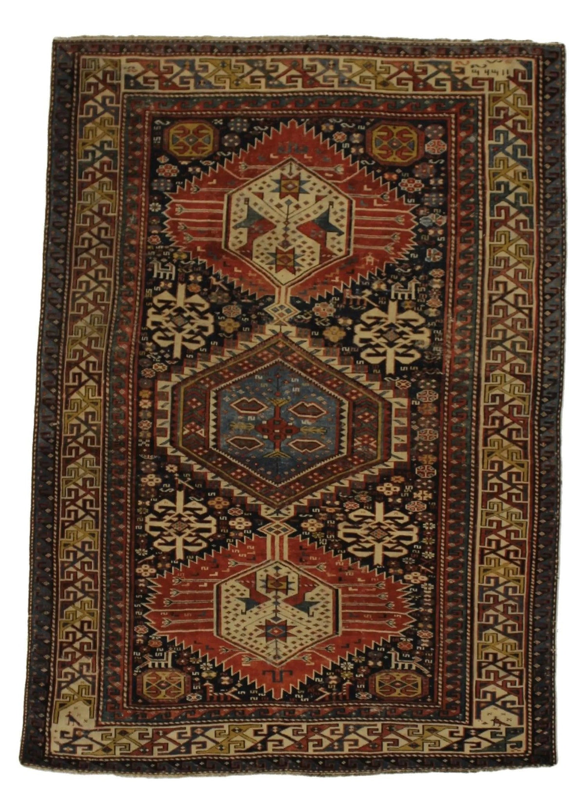 Canvello 1920 Antique Hand Made Casual Medallion Kazakhstan Rug - 4'3'' X 5'10''