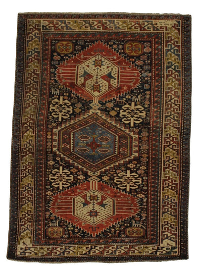 Canvello 1920 Antique Hand Made Casual Medallion Kazakhstan Rug - 4'3'' X 5'10'' - Canvello