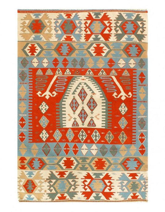 Alfombra de lana kazaka caucásica antigua del siglo XVIII para sala de estar - 3'7'' X 7'5''
