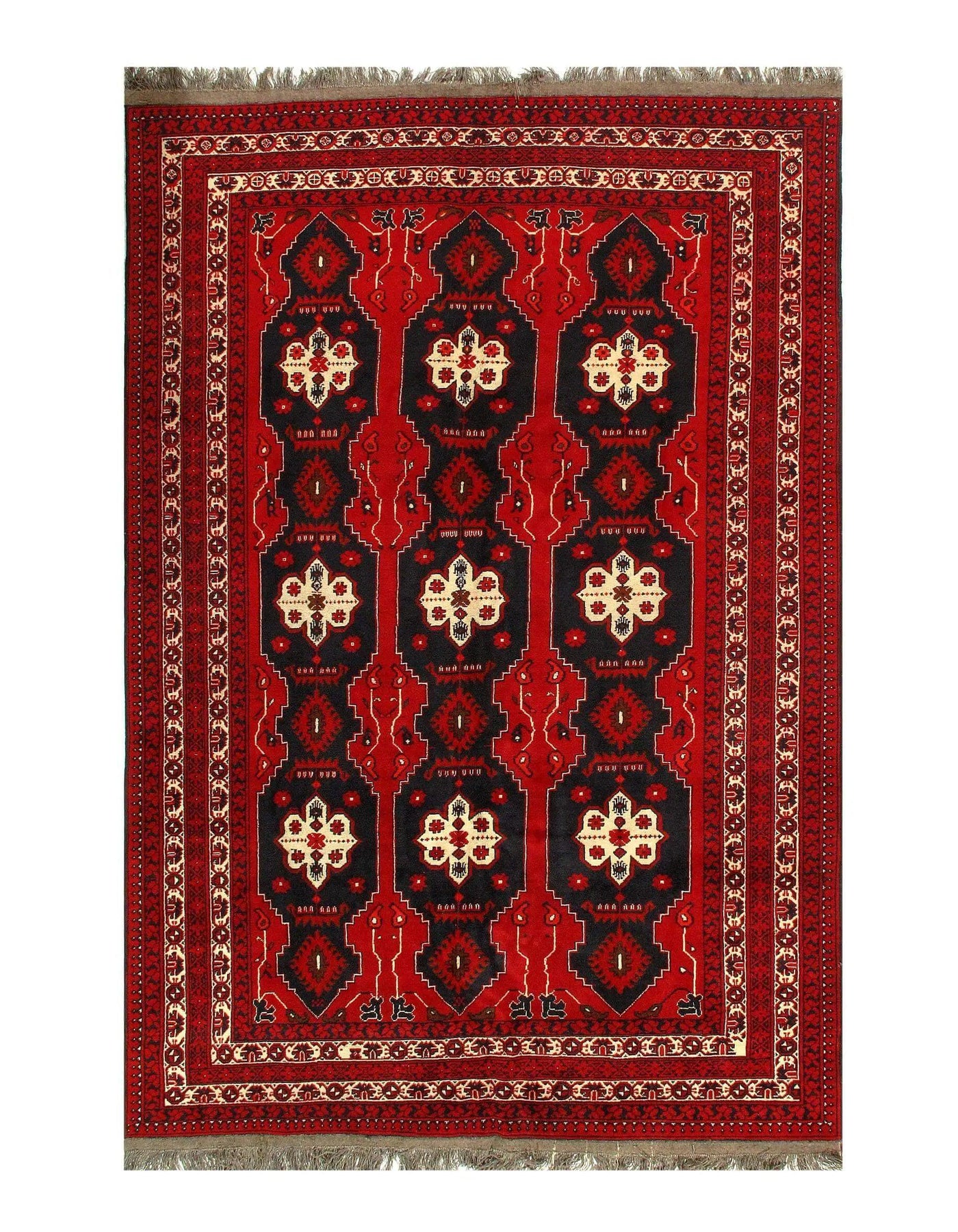 Canvello Afghan Bashir Red Hand Knotted Rug - 6′5" × 9′7″