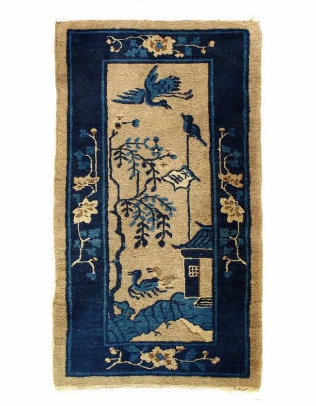 Canvello Antique Chinese Art Deco Blue Wool Rug - 2'2'' X 3'11''