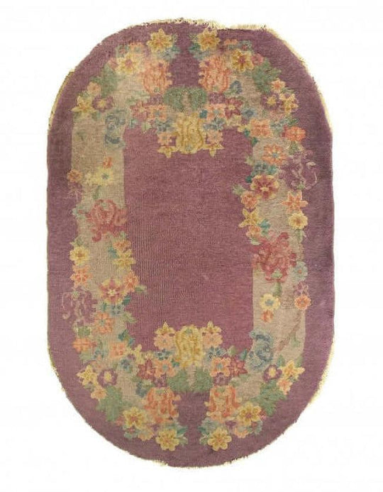 Canvello Antique Chinese Art Deco Purple Round Rugs - 3'1'' X 4'11''