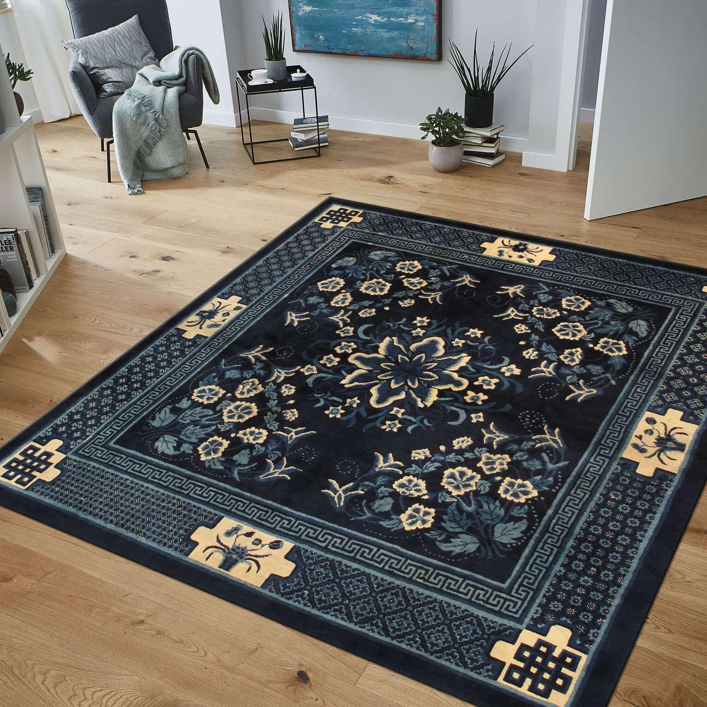 Canvello Antique Chiness Hand - Knotted Wool Blue Area Rug - 6'2" X 6'3" - Canvello