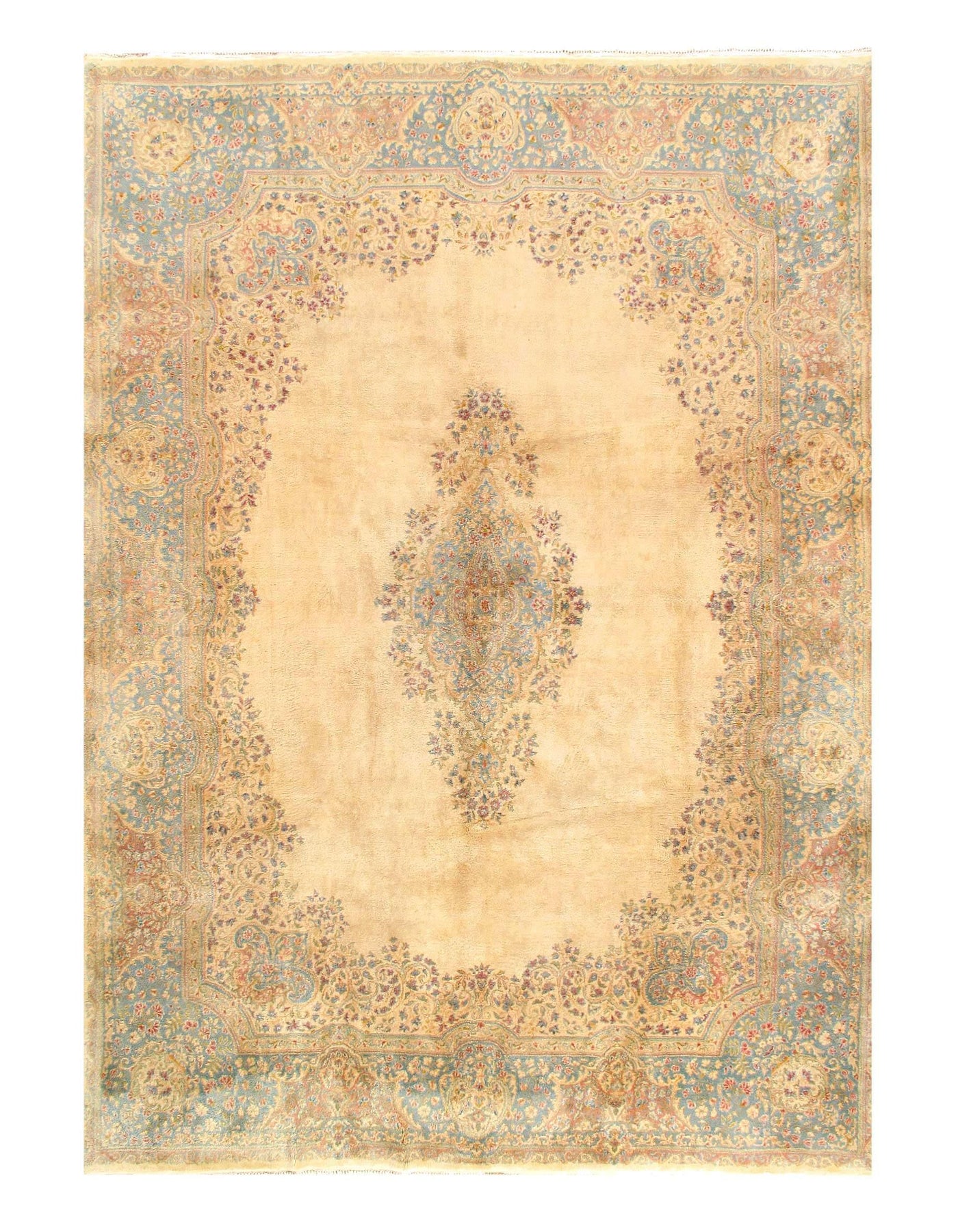 Canvello Antique Kerman Blue And Ivory Rug - 9' X 12'