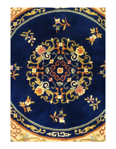 Canvello Antique Round Chinese Art deco Navy Blue Rug - 5' X 5'' - Canvello