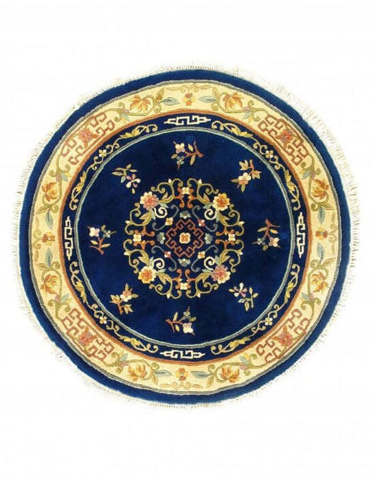 Canvello Antique Round Chinese Art deco Navy Blue Rug - 5' X 5''