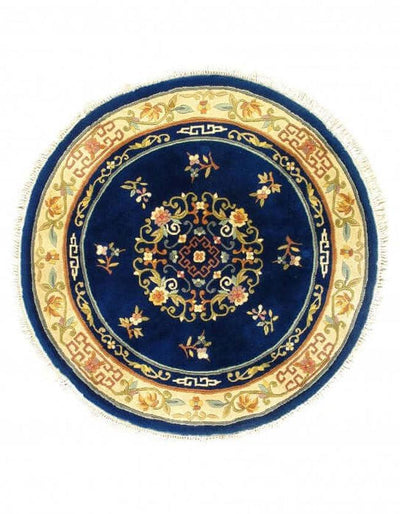 Canvello Antique Round Chinese Art deco Navy Blue Rug - 5' X 5'' - Canvello