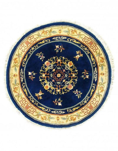 Canvello Antique Round Chinese Art deco Navy Blue Rug - 5' X 5''