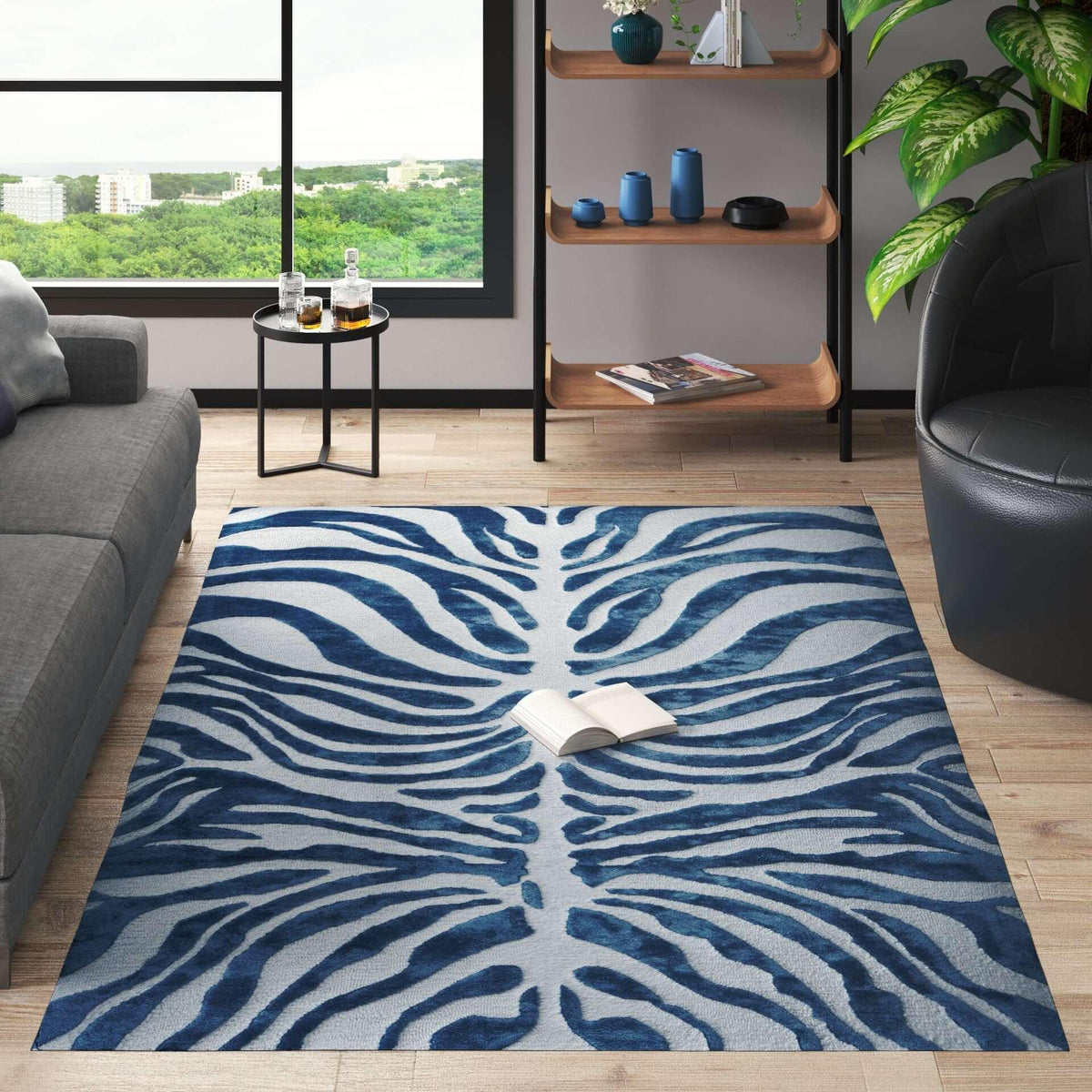 Canvello Bamboo Silk Rug, New Apartment Gift, Floorcloth, TIGER Printed Rug, Minimalist Blue And White Panther Style Transitional WOOL RUG 5X8 ft