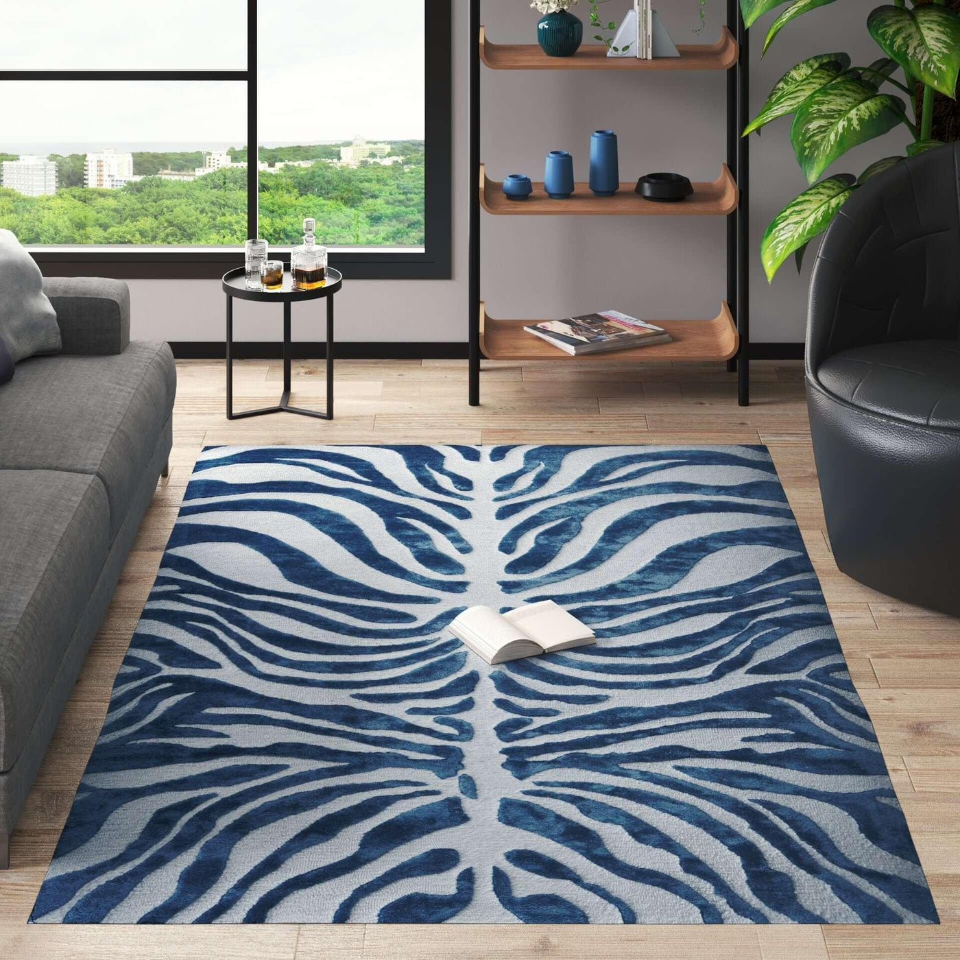 Bamboo Silk Rug, New Apartment Gift, Floorcloth, TIGER Printed Rug, Minimalist Blue And White Panther Style Transitional WOOL RUG 5X8 ft