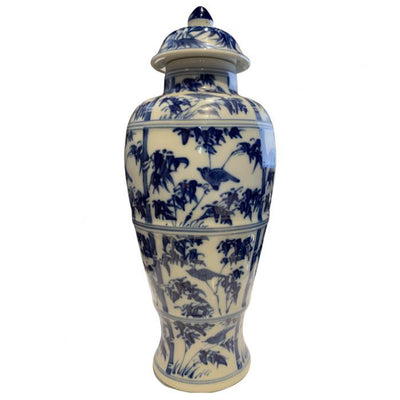 Canvello Blue and White Chinese Porcelain Ginger Jar With Flowers & Birds