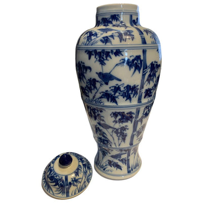 Canvello Blue and White Chinese Porcelain Ginger Jar With Flowers & Birds