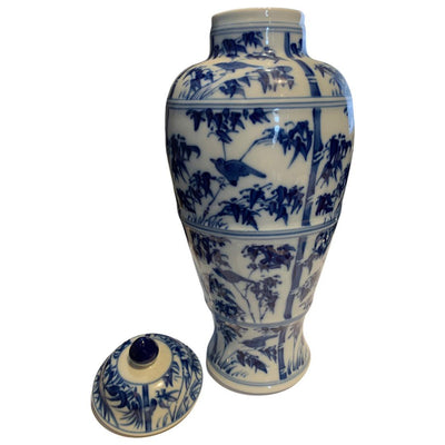 Canvello Blue and White Chinese Porcelain Ginger Jar With Flowers & Birds - Canvello