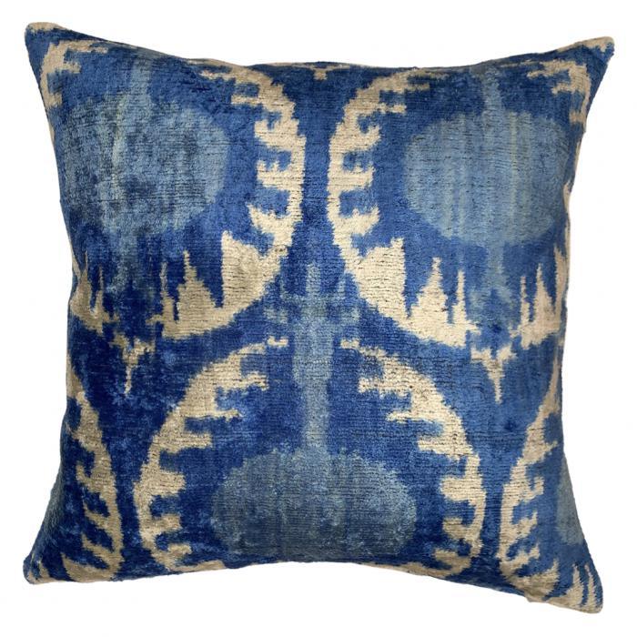 Canvello Blue Turkish Velvet Ikat Pillow - 16'' X 16'' - Canvello