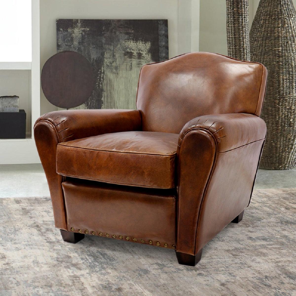 Canvello Canvello Wing Chair, Upholstered with Top Grain Genuine Leather, Brown - Canvello