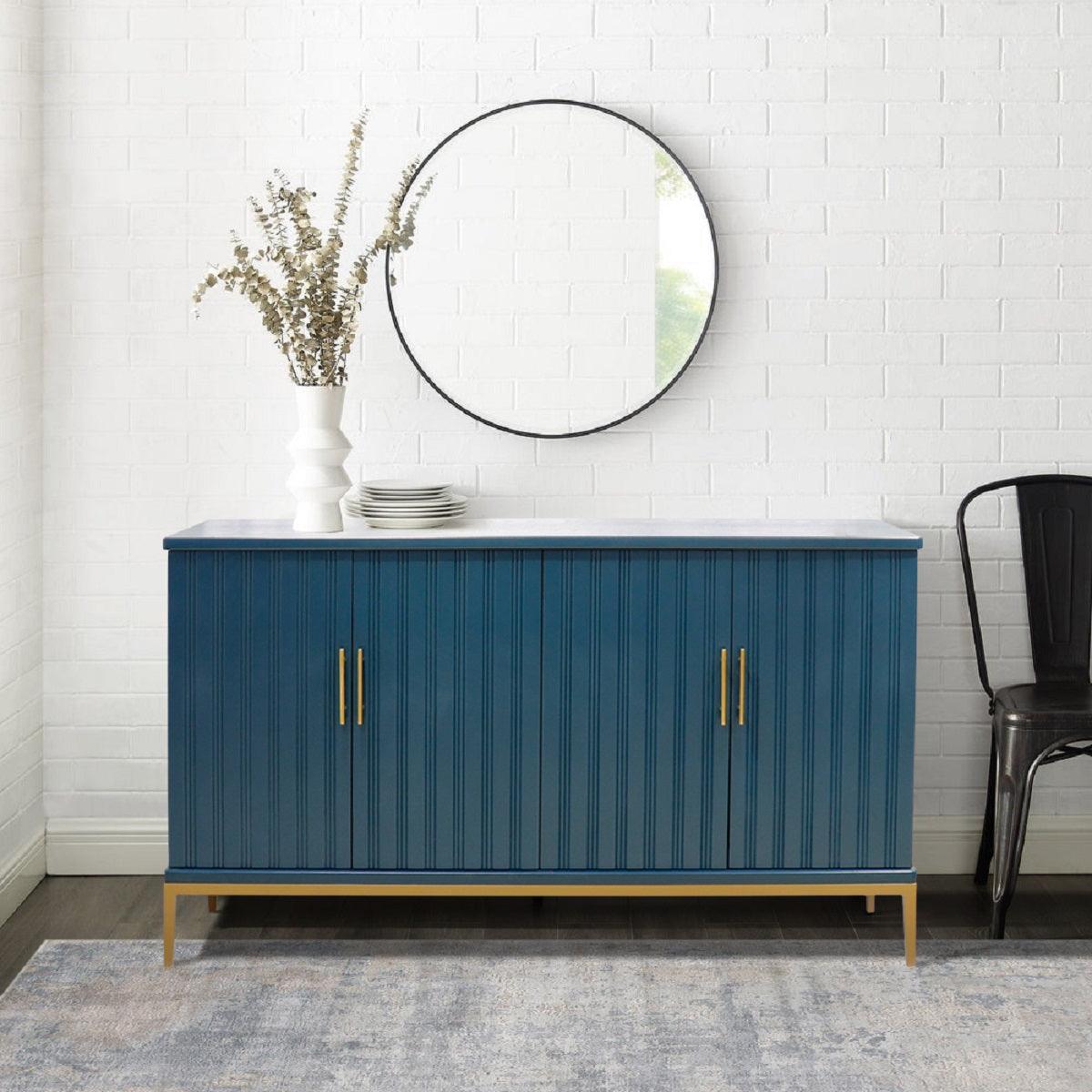 Canvello Edgar Teal Sideboard, 4 Doors, 6 Shelf & Gold Polished Metal Frame - Canvello