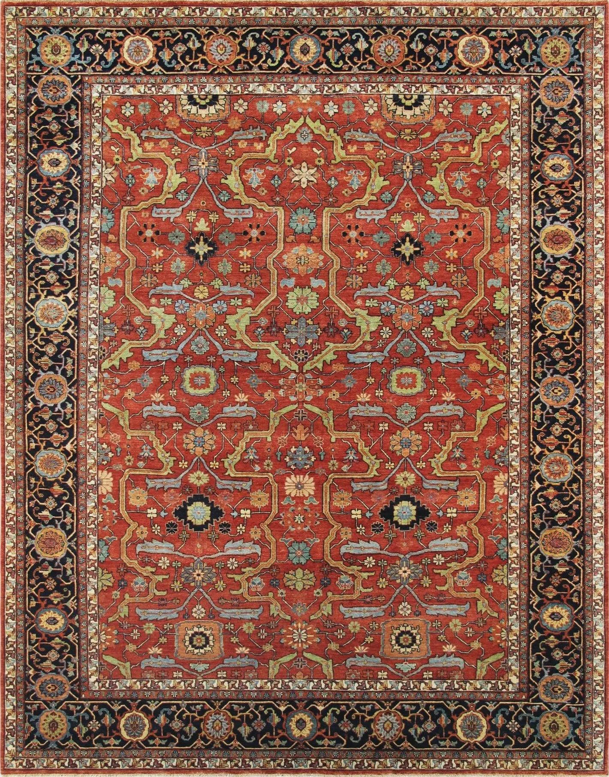 Canvello Ferehan Hand-Knotted Rust/Navy Wool Area Rug- 9'1" X 12'