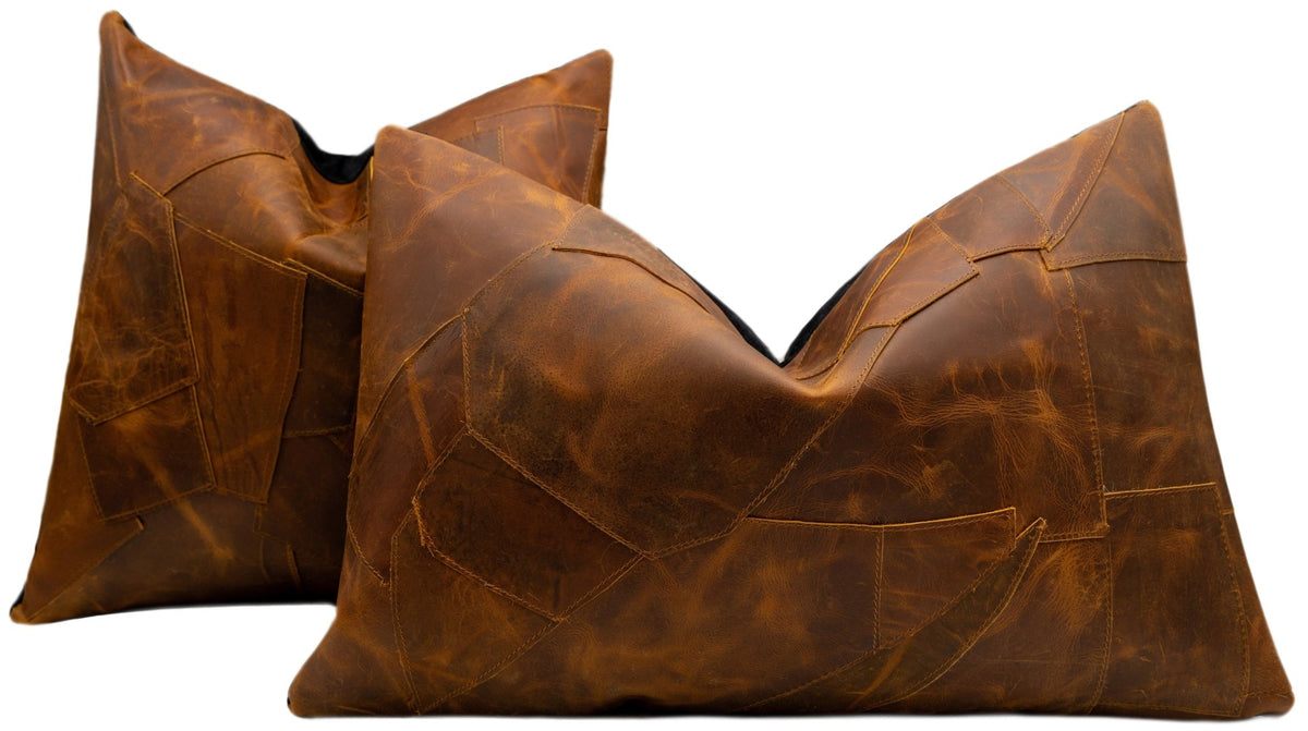 Canvello Genuine Cowhide Leather Decorative Throw Pillows - Handmade Patchwork Boho Accent Pillows For Sofa, Couch, Bed, Chair - Western Southwestern Farmhouse Pillow Covers With Feather Down Insert Included