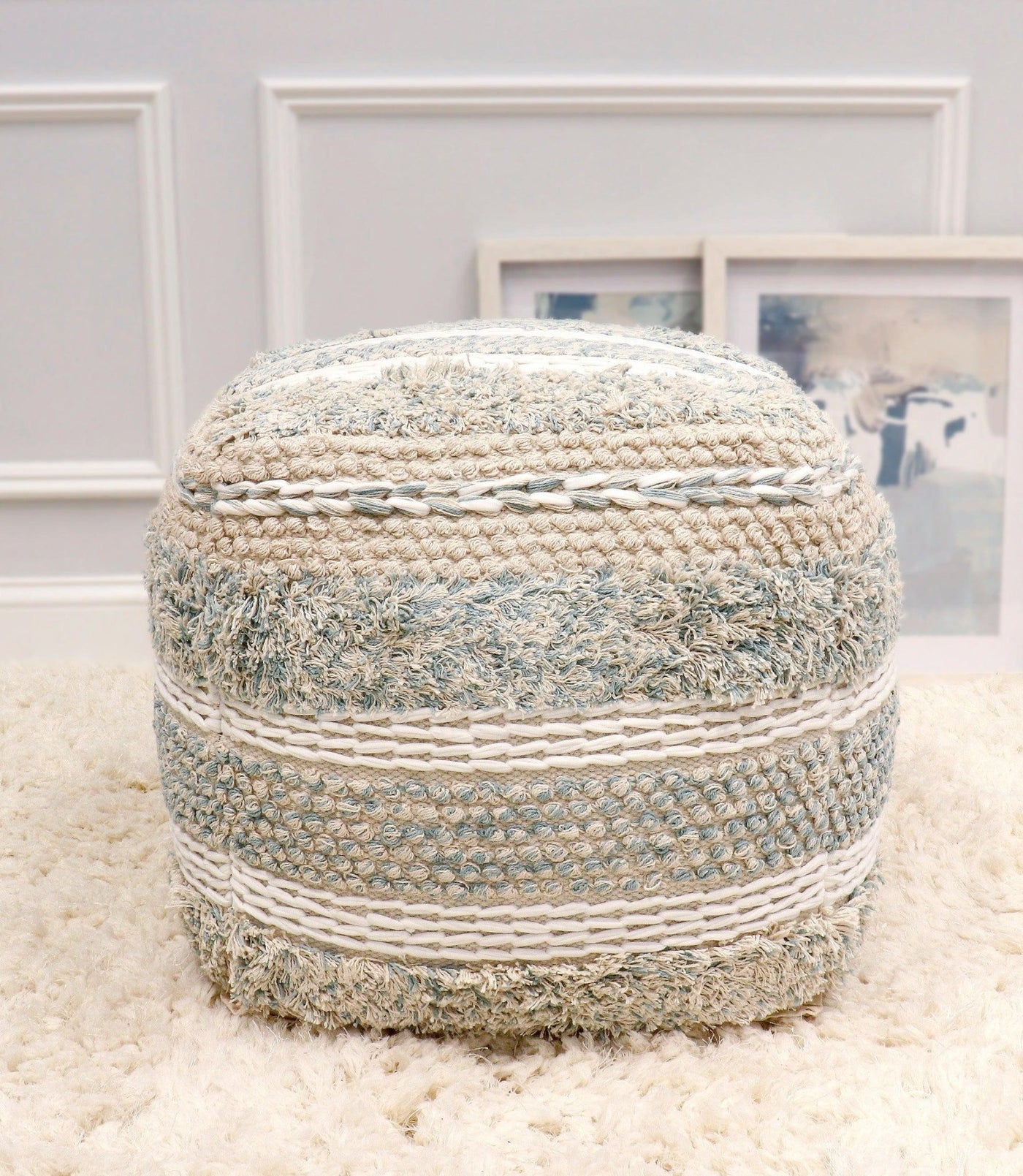 Canvello Grandcanyon 100% Cotton Braided Pouf, Beige - Canvello