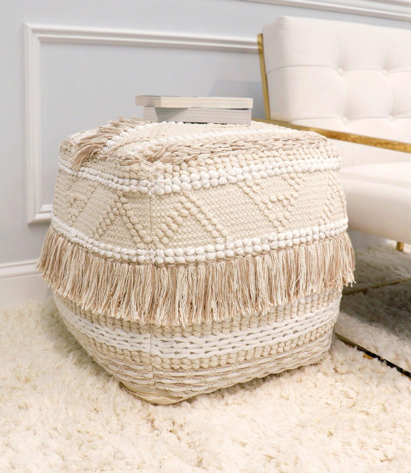 Canvello Grandcanyon 100% Cotton Braided with Tassel Pouf, Beige - Canvello