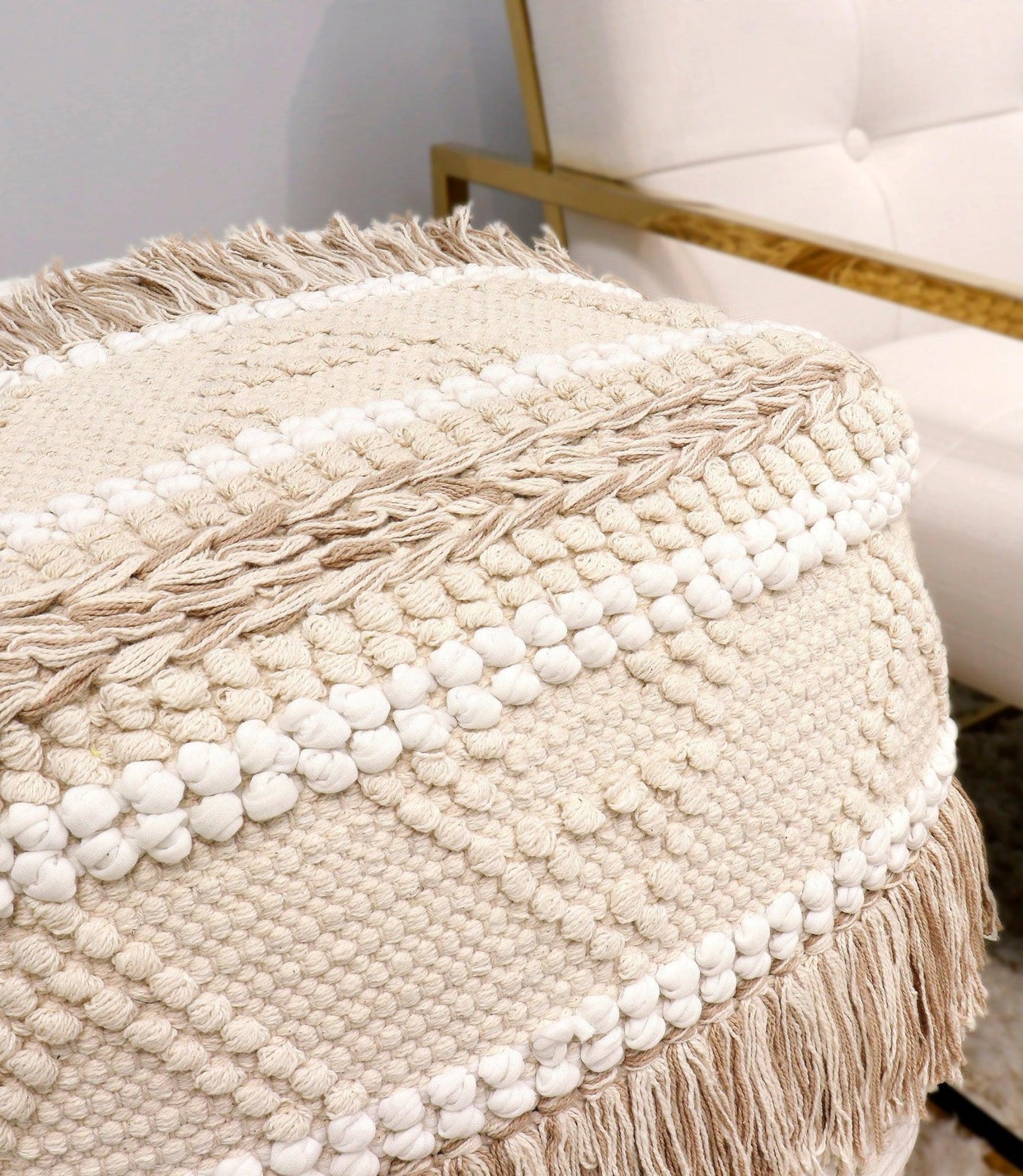 Canvello Grandcanyon 100% Cotton Braided with Tassel Pouf, Beige - Canvello