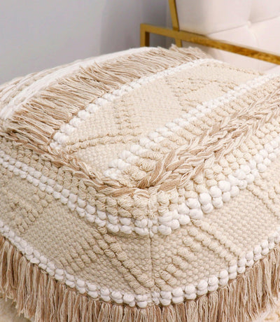 Canvello Grandcanyon 100% Cotton Braided with Tassel Pouf, Beige - Canvello