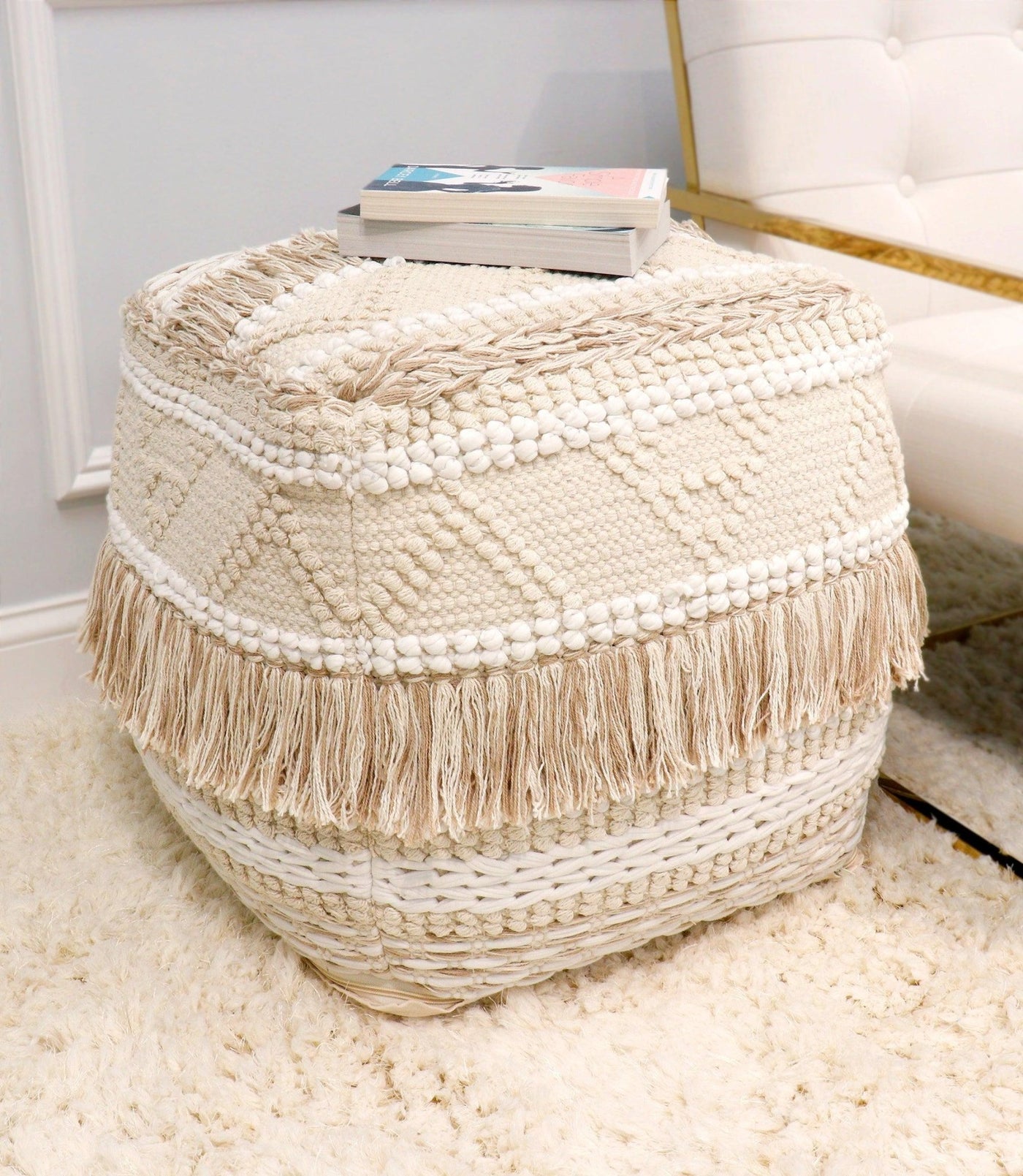 Canvello Grandcanyon 100% Cotton Braided with Tassel Pouf, Beige - Canvello