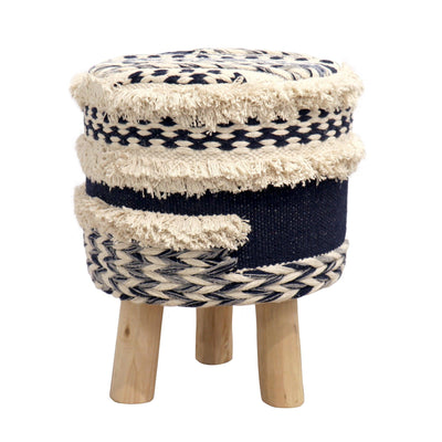 Canvello Grandcanyon Cotton with Wooden Legs Pouf Footstool, Navy/Beige - Canvello