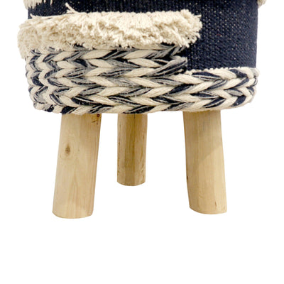 Canvello Grandcanyon Cotton with Wooden Legs Pouf Footstool, Navy/Beige - Canvello