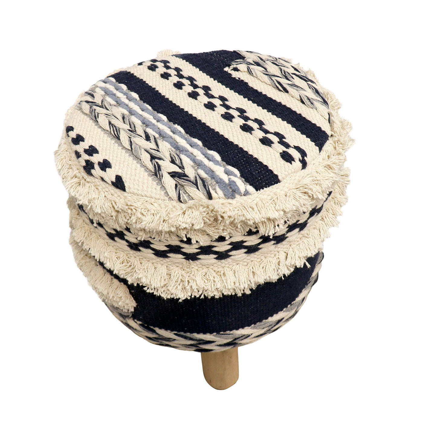 Canvello Grandcanyon Cotton with Wooden Legs Pouf Footstool, Navy/Beige - Canvello