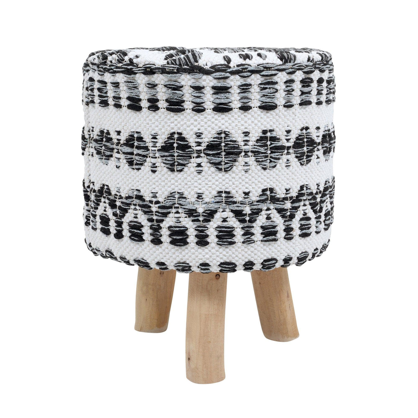 Canvello Grandcanyon Cotton with Wooden Legs Pouf Footstool, White/Black - Canvello