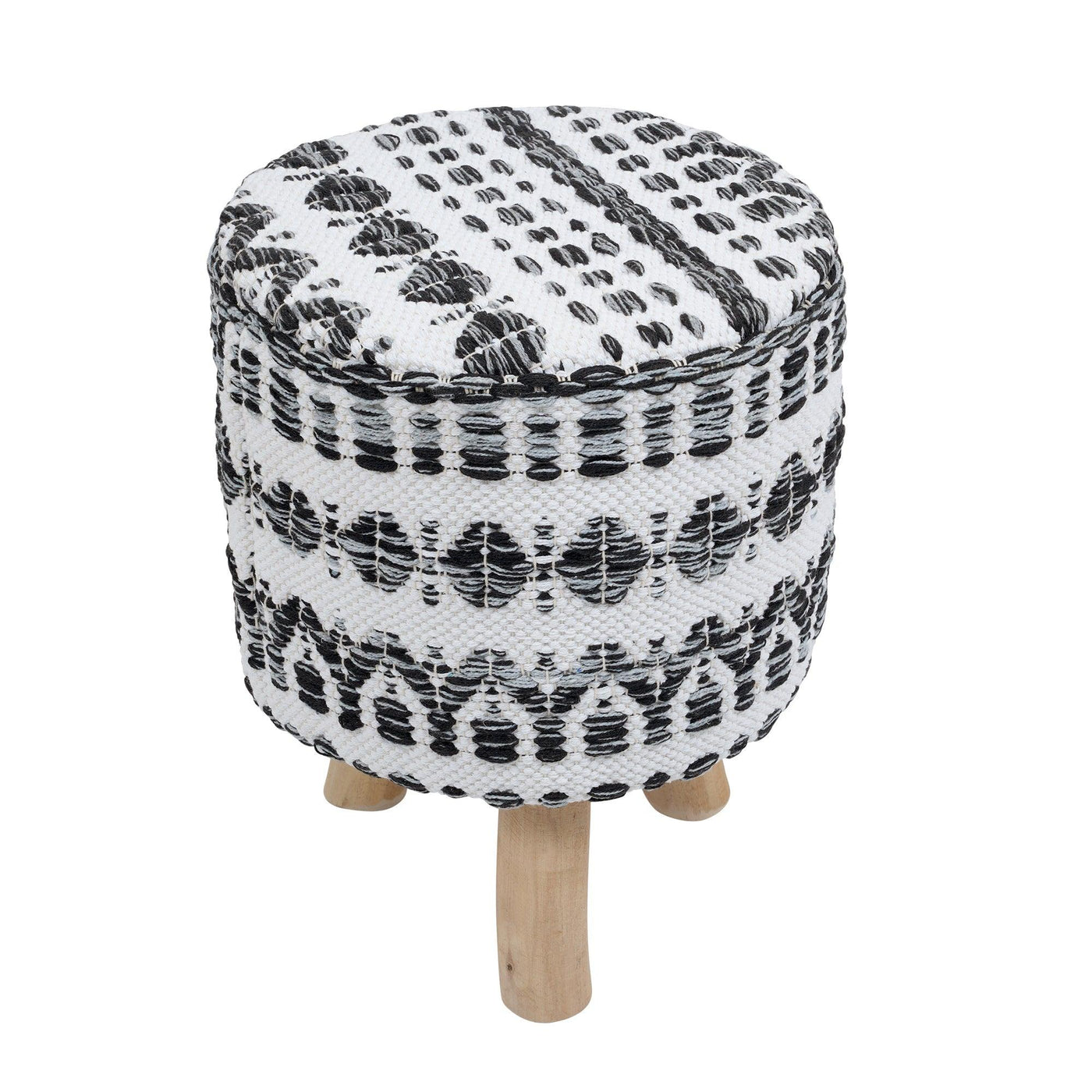 Canvello Grandcanyon Cotton with Wooden Legs Pouf Footstool, White/Black - Canvello