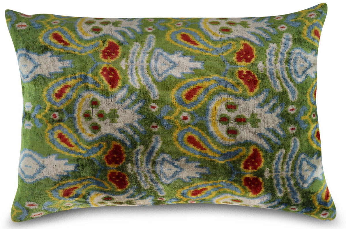 Green Ikat Silk Velvet Lumbar Pillow – 16x24