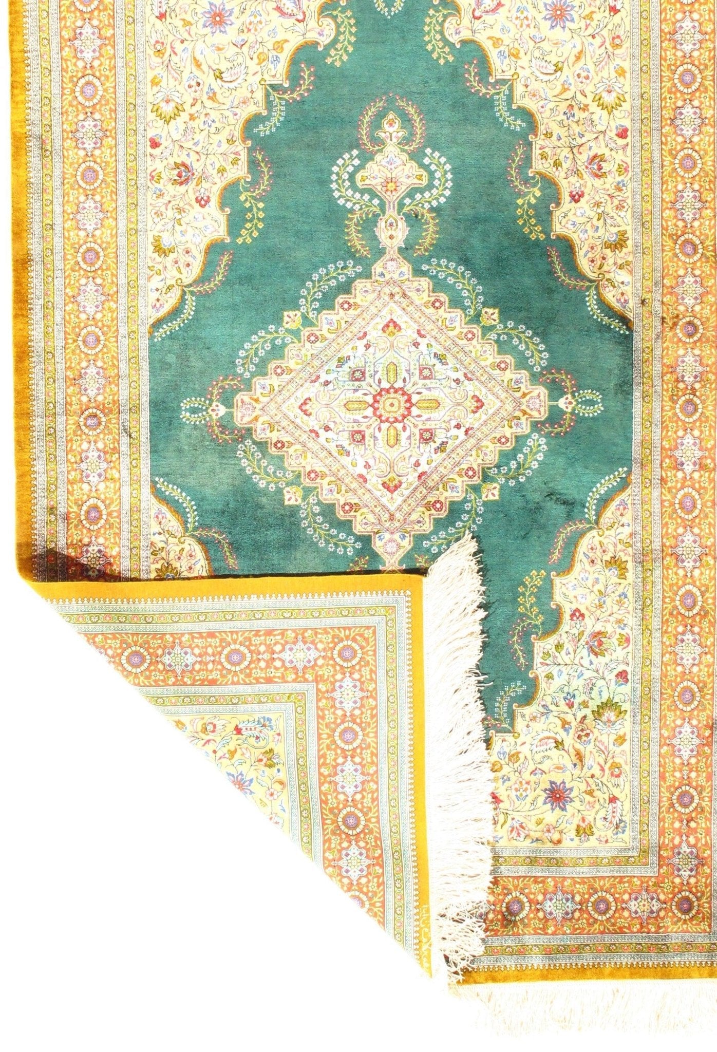 Canvello Green Silkroad Qum Pure Silk Rug - 4'2" X 6'6" - Canvello