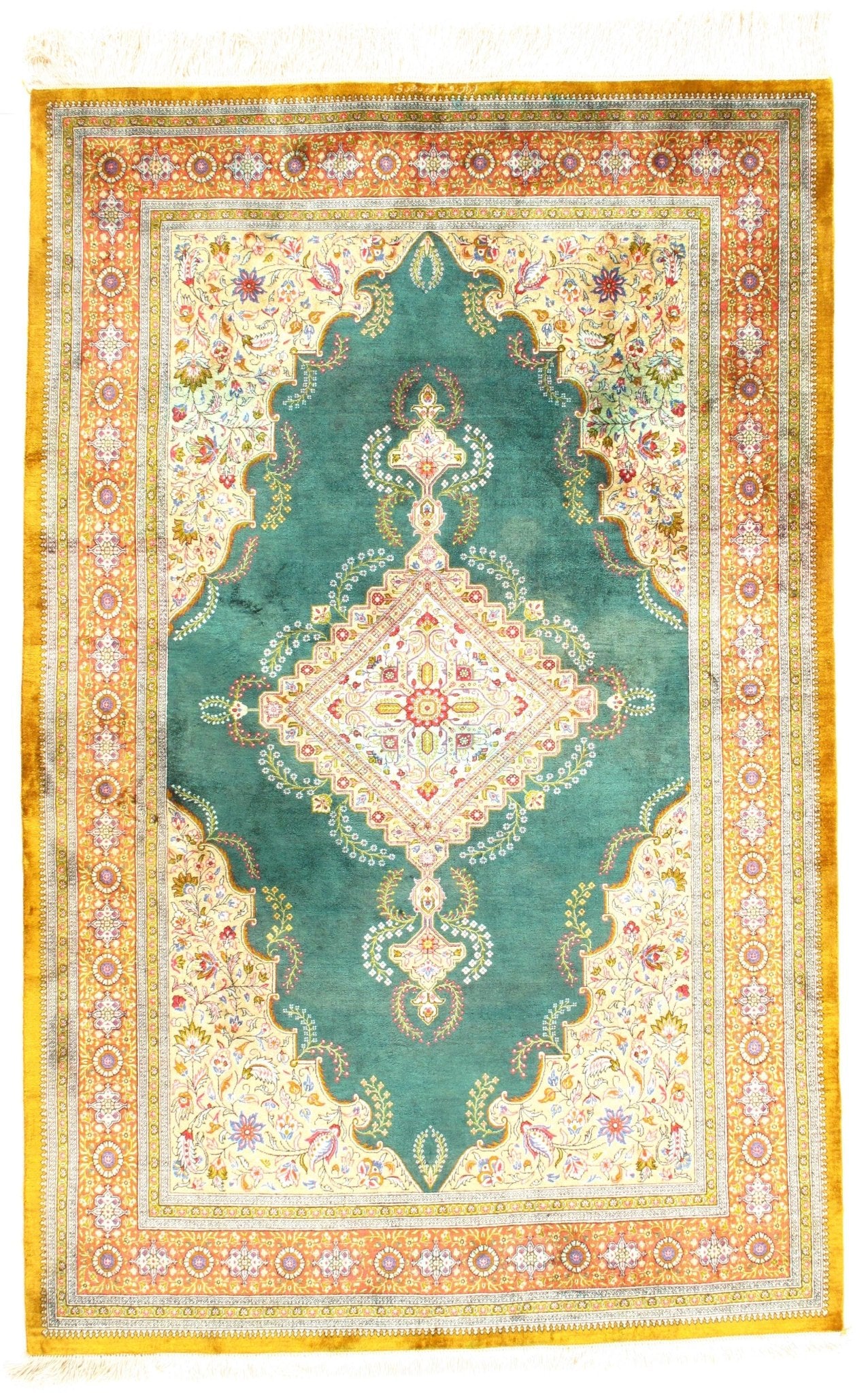 Canvello Green Silkroad Qum Pure Silk Rug - 4'2" X 6'6" - Canvello