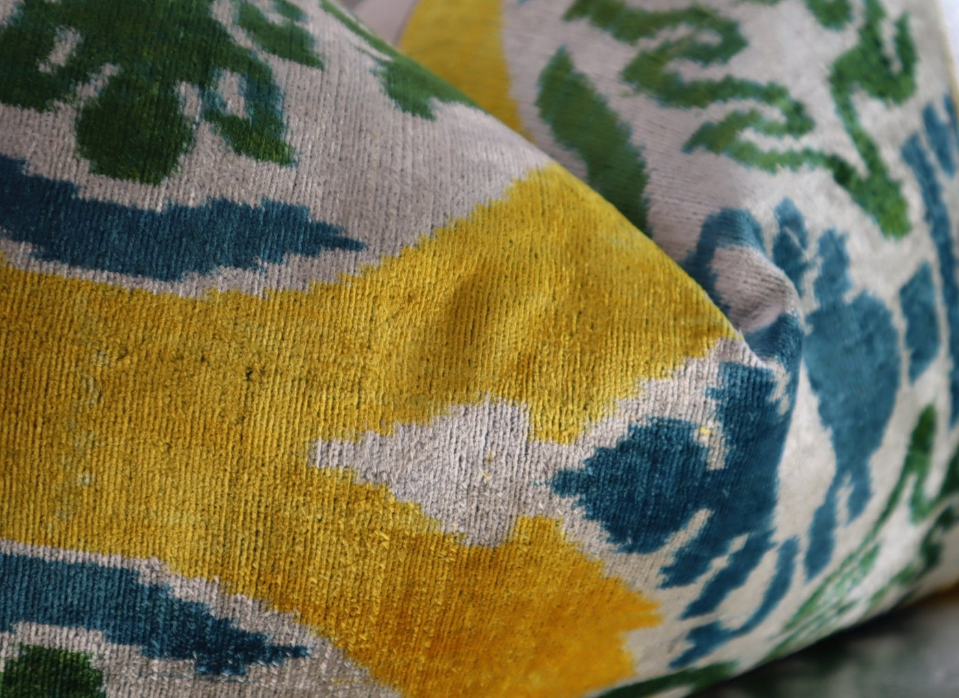 Canvello Green Yellow Blue Handmade 16x24 Silk Velvet Pillow, Organic Veg Dyed, Down/Feather Filled - Canvello