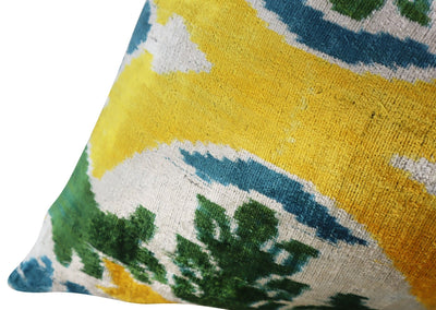 Canvello Green Yellow Blue Handmade 16x24 Silk Velvet Pillow, Organic Veg Dyed, Down/Feather Filled - Canvello