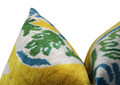 Canvello Green Yellow Blue Handmade 16x24 Silk Velvet Pillow, Organic Veg Dyed, Down/Feather Filled - Canvello