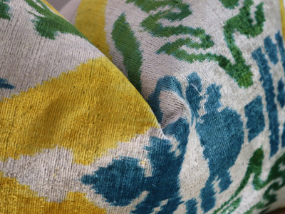 Canvello Green Yellow Blue Handmade 16x24 Silk Velvet Pillow, Organic Veg Dyed, Down/Feather Filled - Canvello