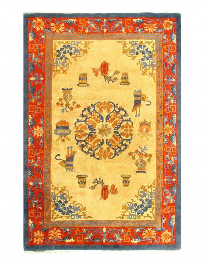 Canvello Hand Knotted Chinese Designer Gold Rug - 5'11 X 9'