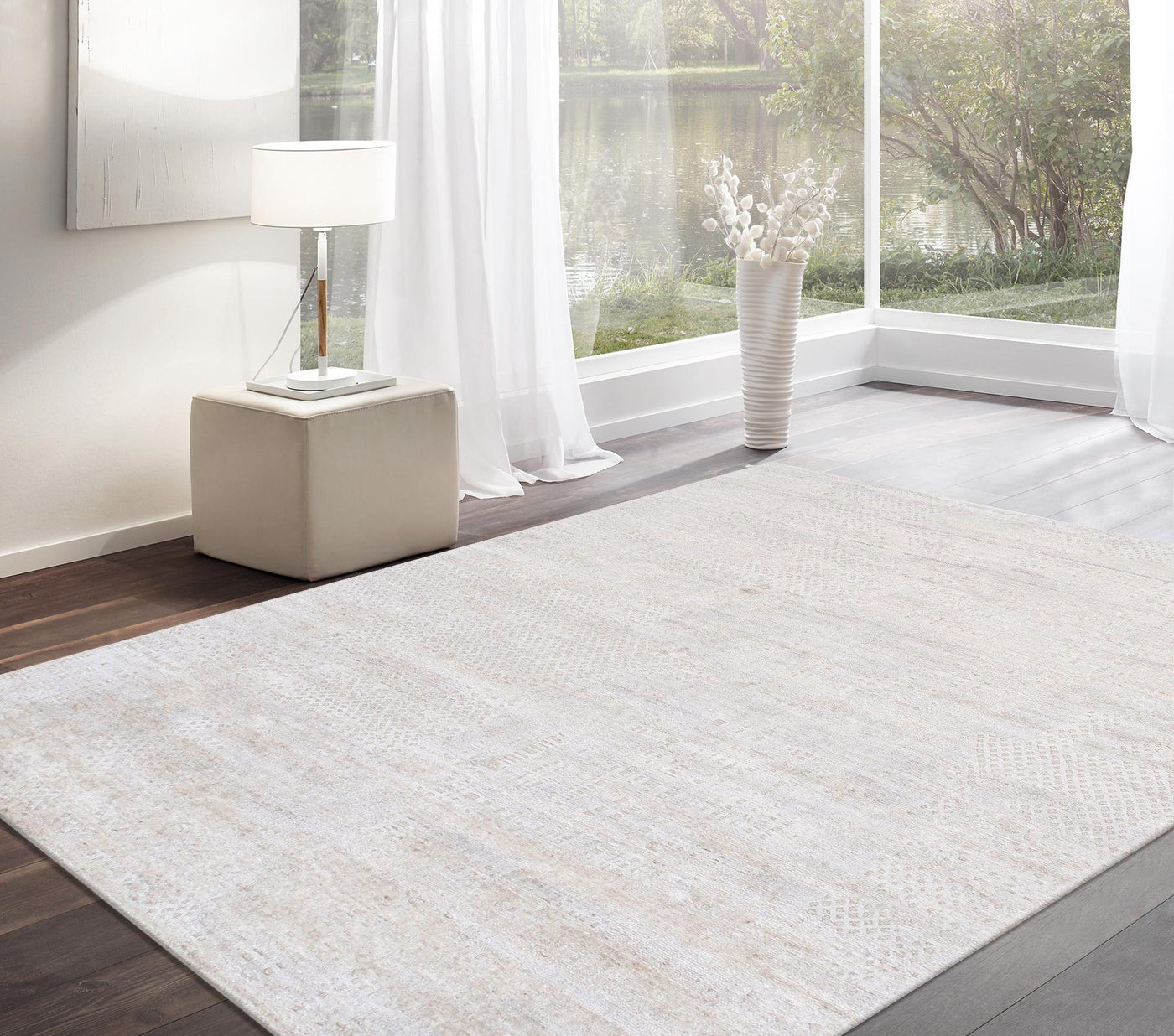 Canvello Amari Collection Hand-Loomed Bsilk & Wool Beige Area Rug- 5' 4" X 7' 8" canvellollc