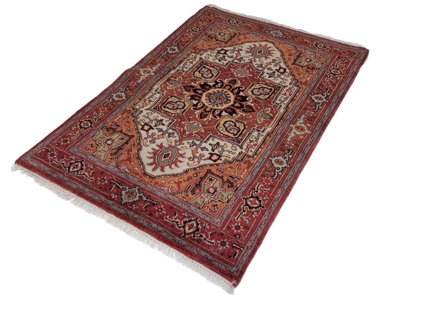 Canvello Hand Made Casual Medallion Indo Heriz Rug - 4'0'' X 5'11'' - Canvello