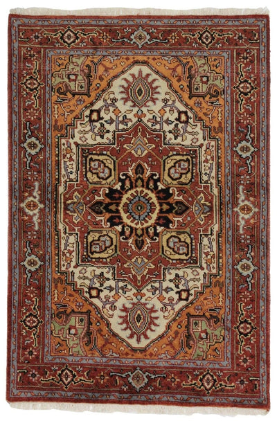 Canvello Hand Made Casual Medallion Indo Heriz Rug - 4'0'' X 5'11'' - Canvello